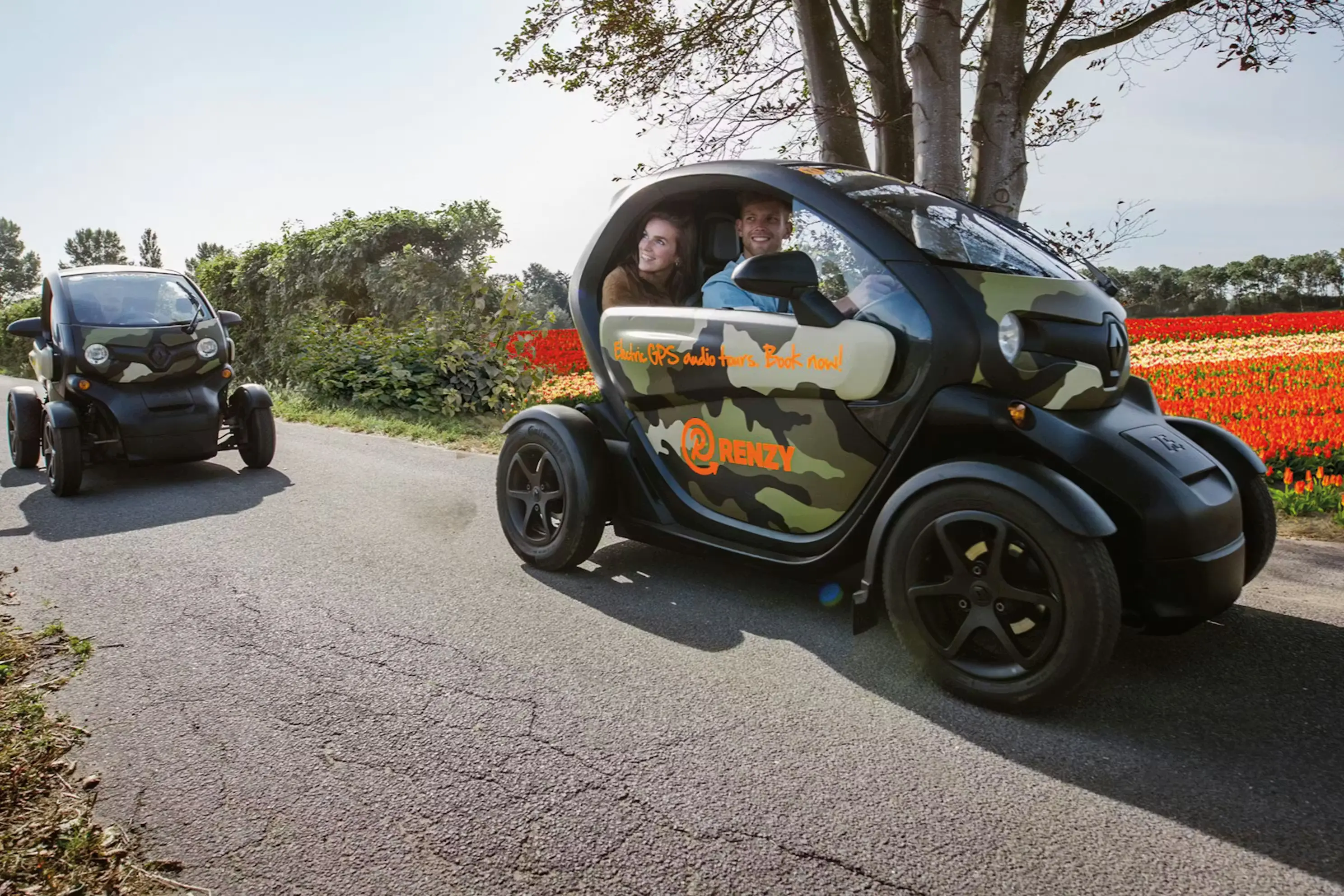 Exploring tulip fields in a Renault Twizy
