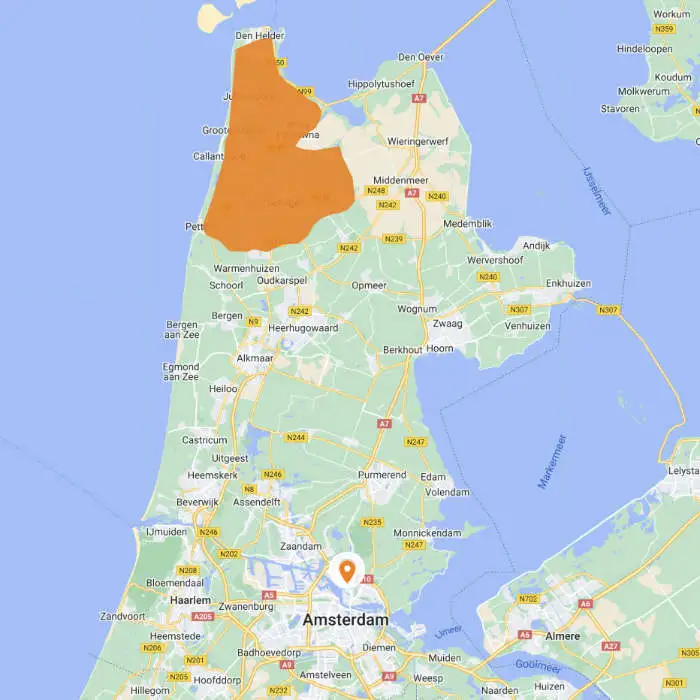 Tulip area on map of North Holland