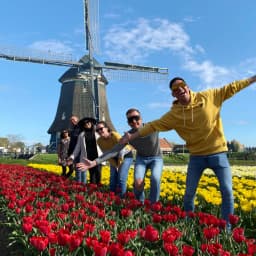 happy people in front of windmills and tulips