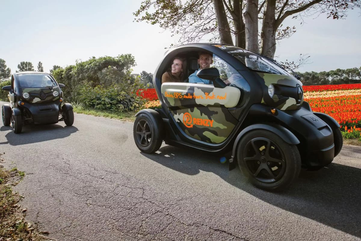 Exploring tulip fields in a Renault Twizy